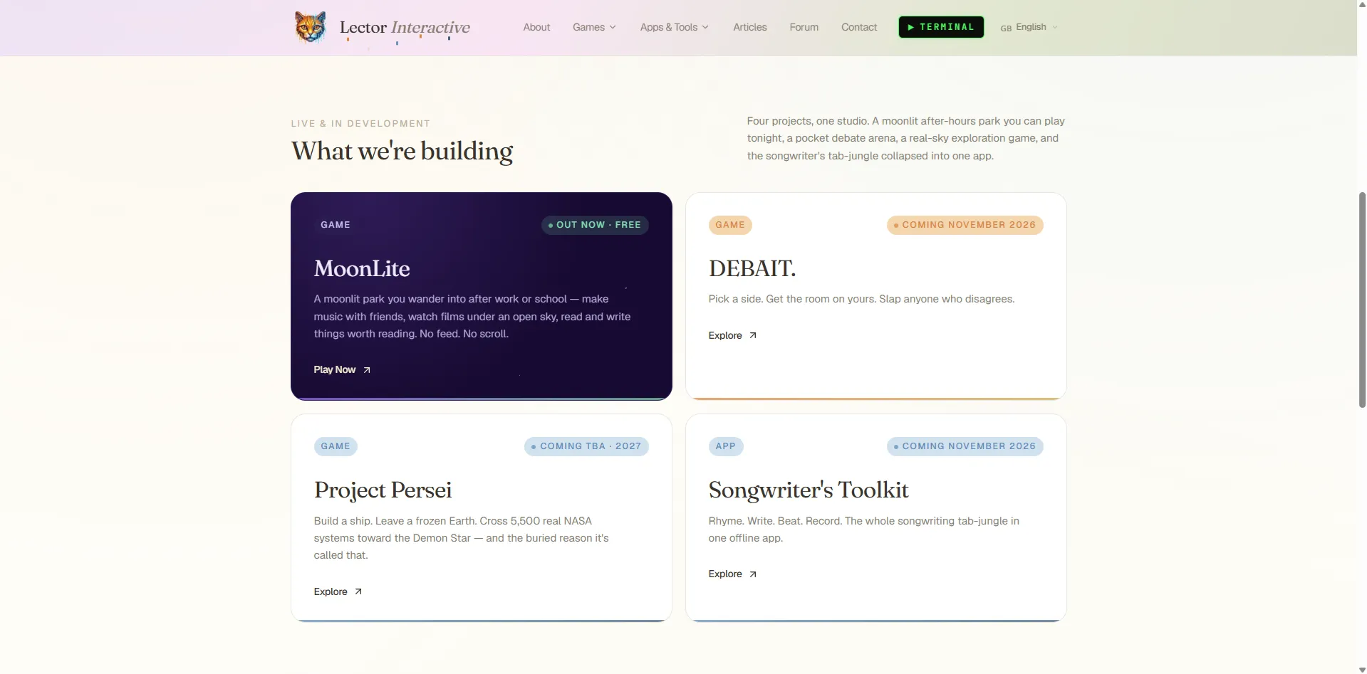 Proje kartları: MoonLite, DEBAIT., Project Persei, Songwriter's Toolkit