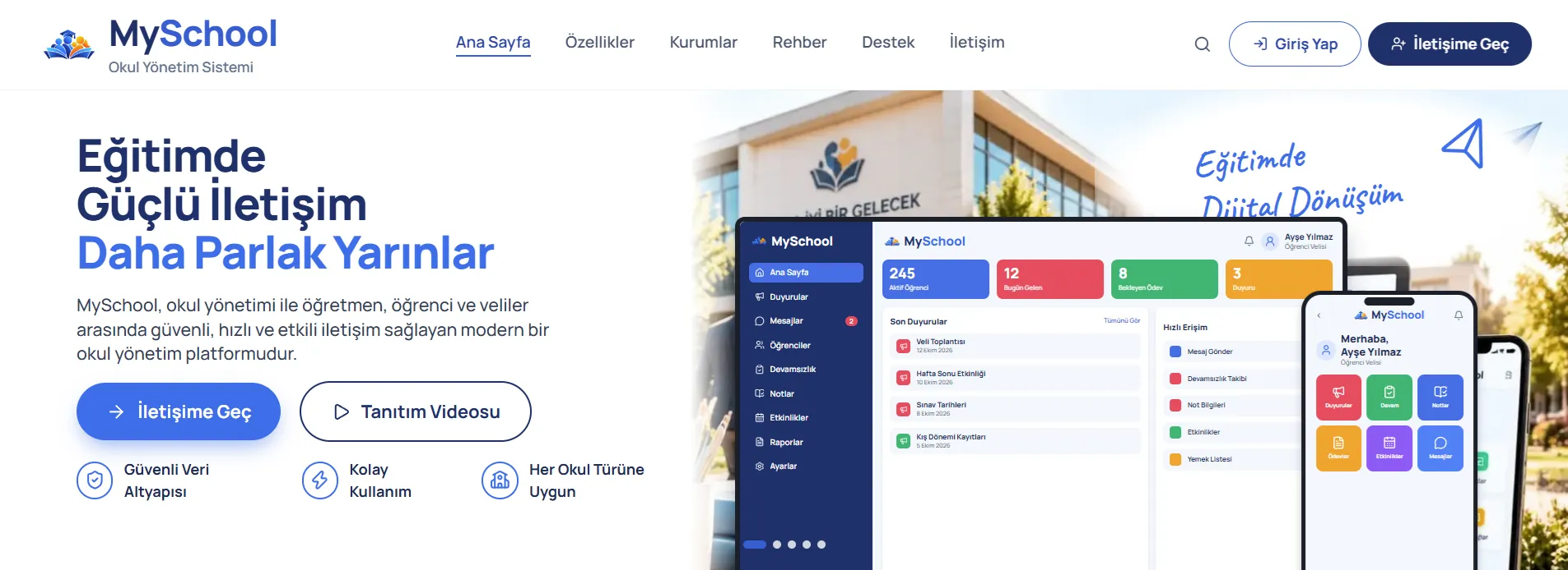 Panel görselleriyle MySchool tanıtım sayfası